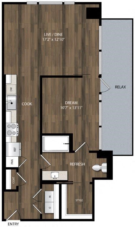 Floor plan for 1 bed, 1 bath, 747 sqft